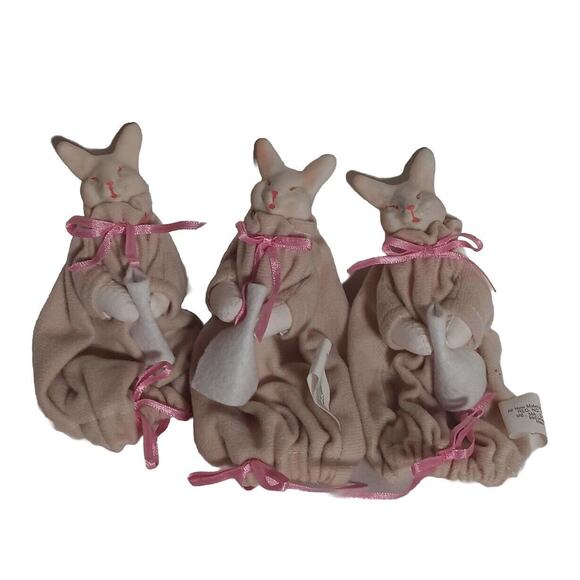 Lot of 3 Overly Raker Finger Puppet Ceramic Face Bunny Rabbit Pouch - Picture 1 of 10